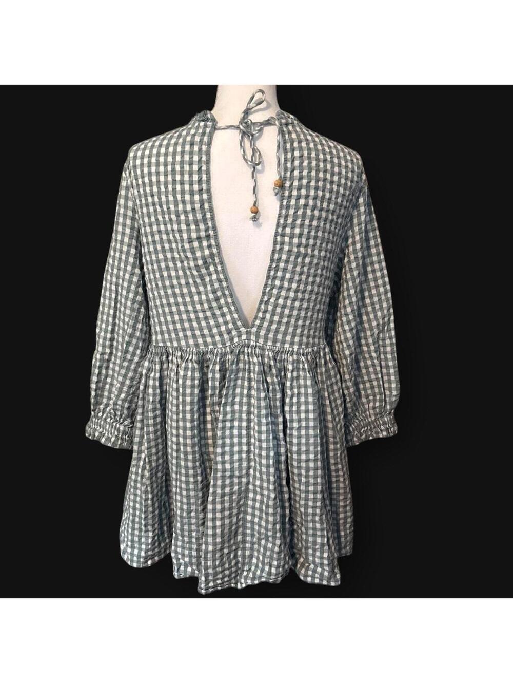 Free People FP Beach Green & White Gingham Peter Pan Collar Mini Dress Small - Picture 4 of 7